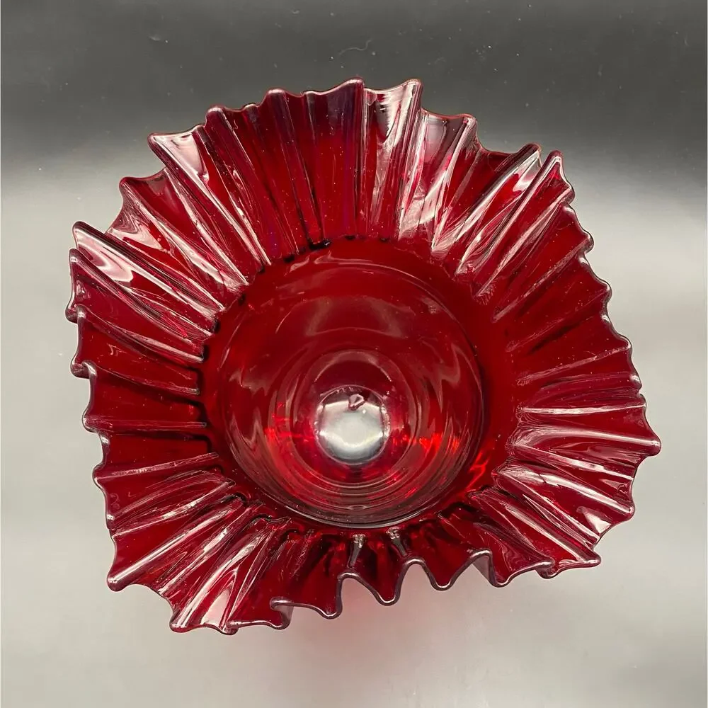 Vintage Blenko Ruby Red Crimped Edge Pedestal Vase 9